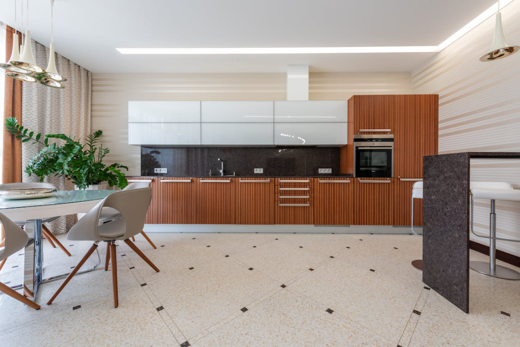 Brown-colored cabinets in a kitchen