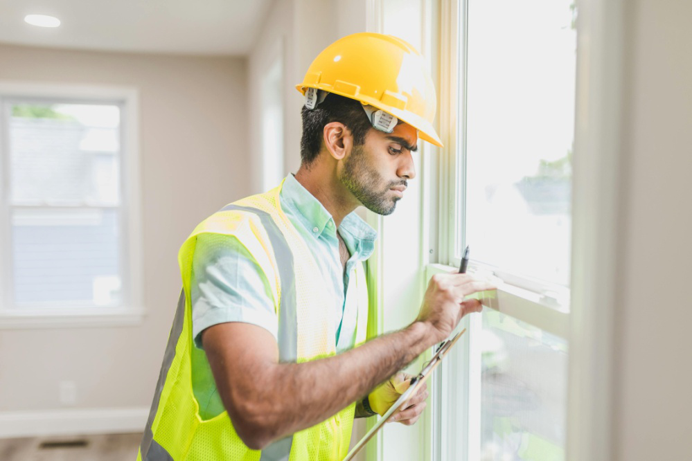 A professional inspecting a residential property while looking at the window