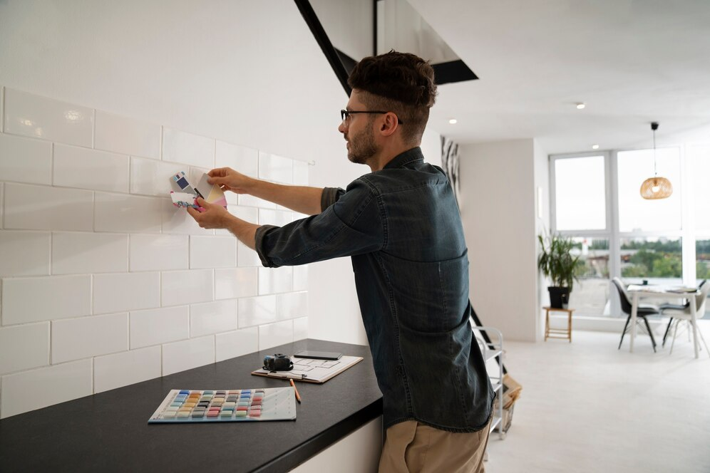 Contractor working on kitchen tiles during a renovation