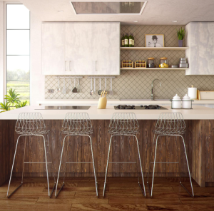 Modern kitchen with a spacious island, sleek barstools, and open shelving